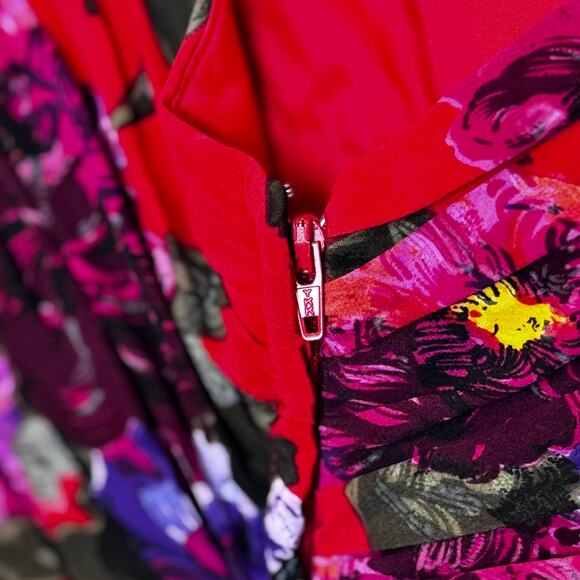 Liancarlo Ruched Cocktail Dress Womens 10 Red Floral Silk Puff Sleeve Elegant - Picture 7 of 16